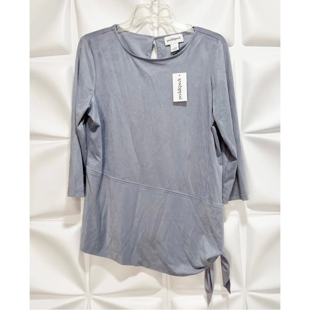 NWT Peck & Peck Womens Sz M Blue Faux Suede Leather Side Tie Knotted Blouse Top